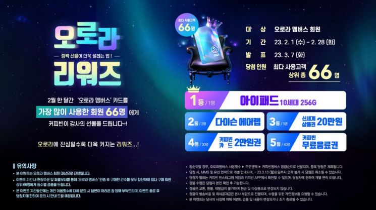 커피빈, ‘오로라 리워즈’ 이벤트…1등 경품 아이패드