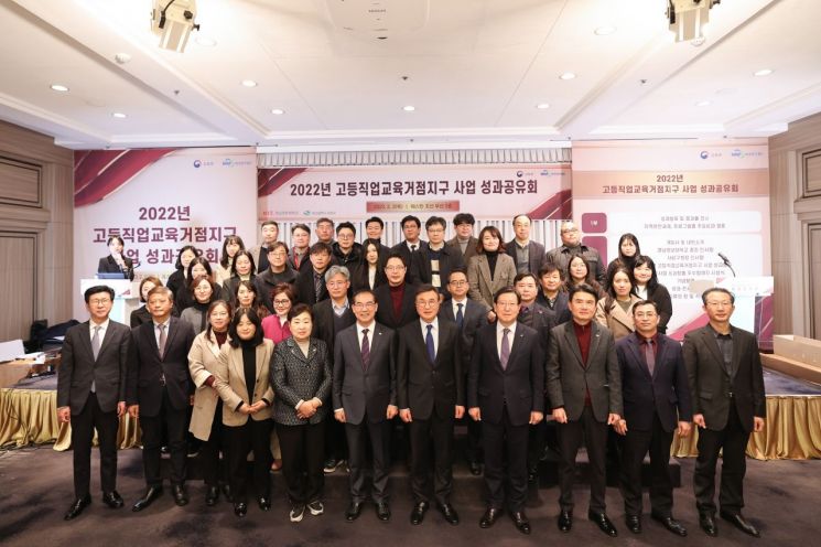 경남정보대 김대식 총장(맨 앞줄 오른쪽부터 5번째) 등 ‘2022년 고등직업교육거점지구(HiVE)사업성과공유회’ 참가자들이 단체 기념사진을 찍고 있다.