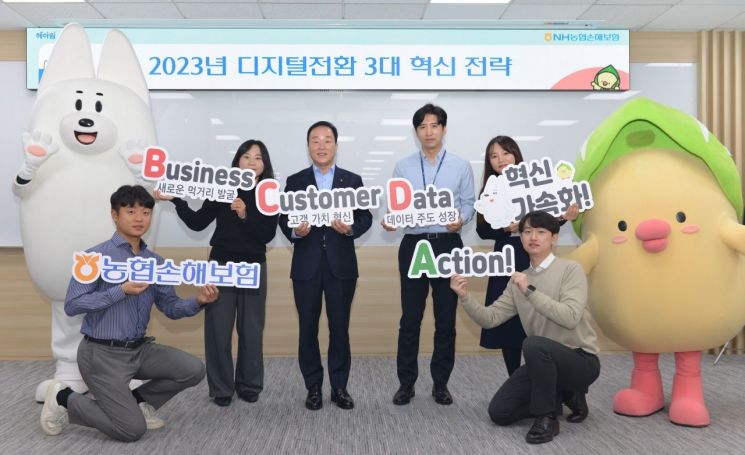 최문석 NH농협손해보험 대표(뒷줄 왼쪽 두 번째)가 8일 서울 서대문구 본사에서 '디지털전환 혁신 보고회'를 개최하고직원들과 함께 슬로건을 소개하고 있다.(사진제공=NH손보)