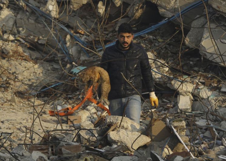 9일(현지시간)튀르키예 남부 하타이의 무너진 건물 잔해 속에서 한 남성이 탈진한 고양이를 구조해 나오고 있다. [사진출처=AP 연합뉴스]