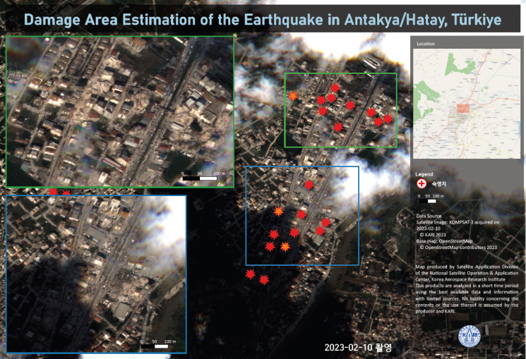 다목적실용위성3호가 찍은 튀르키예 안타키아 지역 촬영 영상과 분석 자료. 사진제공=과기정통부