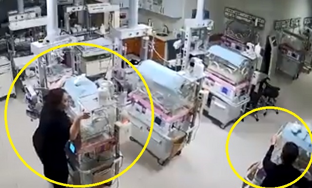 튀르키예 가지안테프의 한 병원에서 간호사들이 신생아들을 지키기 위해 흔들리는 인큐베이터를 붙잡고 있다. [이미지출처=트위터 화면 캡처]