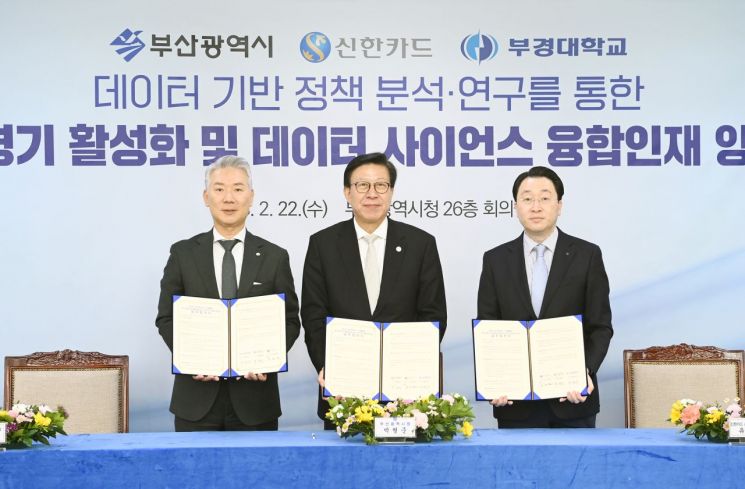부경대학교 장영수 총장(왼쪽)과 박형준 부산시장(왼쪽에서 2번째), 신한카드 문동권 대표이사가 협약을 체결하고 있다.