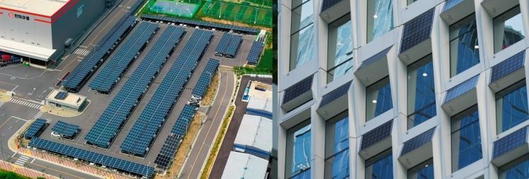 한화큐셀 진천공장 주차장(왼쪽)과 장교동 한화빌딩(오른쪽)에 설치된 대표적 분산에너지 자원인 태양광 발전소. 사진제공=한화