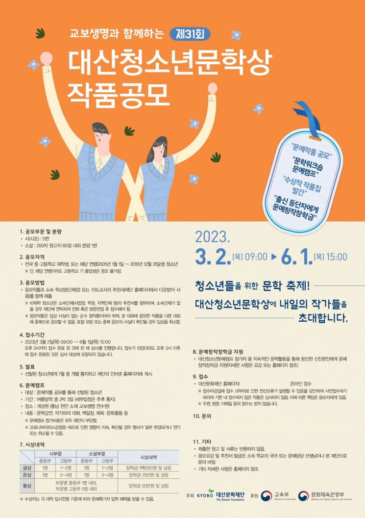대산청소년문학상 시·소설 작품 공모