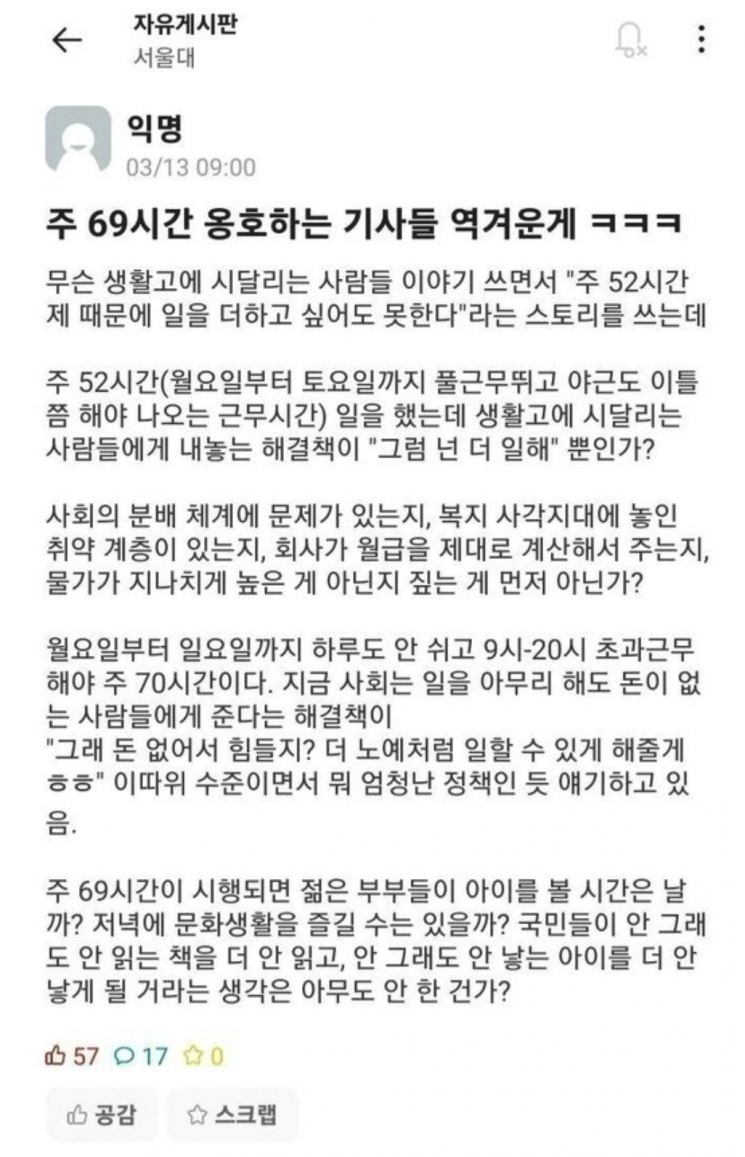 "가난이 노동시간 부족 때문이냐" 서울대생의 주69시간 비판