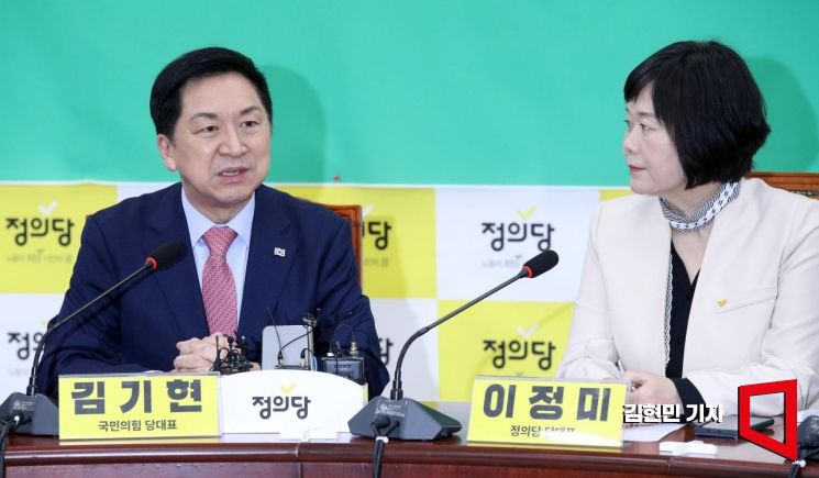 [포토] 정의당 찾아 발언하는 김기현 대표