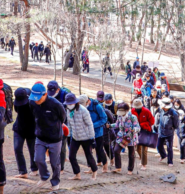 18일 강남 대모산을 찾은 시민들이 맨발로 걷고 있다.[사진제공=맨발걷기국민운동본부]