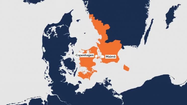 메디콘 밸리 지도. 덴마크 동부와 스웨덴 남부 지방에 걸친 국경을 가로지르는 클러스터다. [이미지제공=메디콘 밸리 연합]
