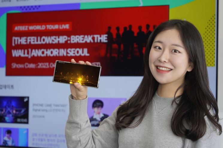 The introduction page of ATEEZ's concert on Idol Plus and the appearance of the LG Uplus model showcasing ATEEZ's performance.