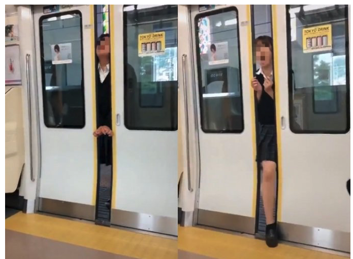최근 틱톡에서 벌어지는 만행을 갈무리해 올리는 한 SNS 계정은 '지하철 닫히는 문에서 노는 바보'라는 글과 함께 한 영상을 올렸다. [사진출처=틱톡]