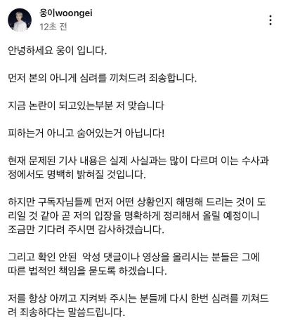 '전 여친 폭행' 유튜버 웅이, 반박문 냈다가 돌연 삭제