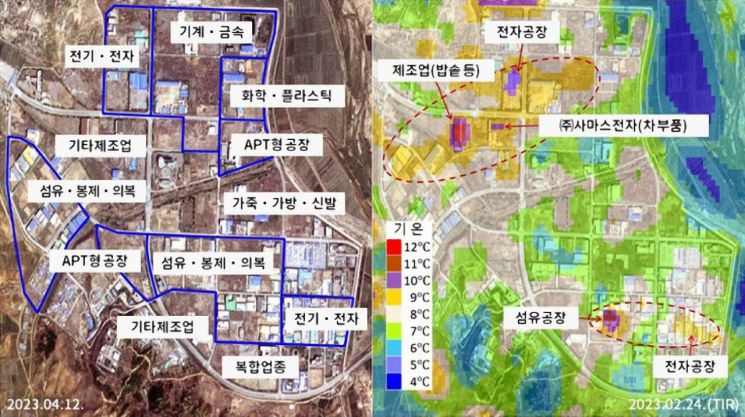 북한이 개성공단 시설을 무단 사용하고 있다는 정황이 담긴 열적외선 위성사진이 18일 공개됐다. 열적외선으로 온도를 감지하면 온도가 높은 곳은 '붉은색', 낮은 곳은 '푸른색'으로 나타나는데 열을 발산하는 붉은색 구역이 4곳 식별됐다. 정성학 경북대 국토위성정보연구소 부소장은 고열이 발생하는 공장 4곳은 전자공장 2곳, 섬유공장 1곳, 제조업 공장 1곳이라고 설명했다. [이미지출처=연합뉴스]
