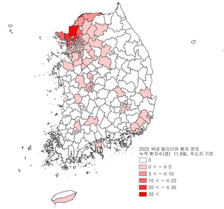 2022년 국내 말라리아 환자 분포.[사진제공=질병청]
