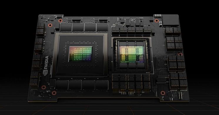 그래픽처리유닛(GPU) 설계사 엔비디아의 차세대 '그레이스호퍼' 슈퍼칩. 이 가운데 그레이스 칩은 ARM 네오버스 V2 코어 144개를 배열한 고성능 칩으로 업계의 주목을 받고 있다. [이미지출처=엔비디아]