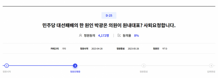 지난달 28일 올라온 박광온 더불어민주당 원내대표에 대한 사퇴 촉구 청원글. 3일 오전 10시 기준 4172명의 동의를 얻었다. [이미지출처=민주당 국민응답센터 캡처]