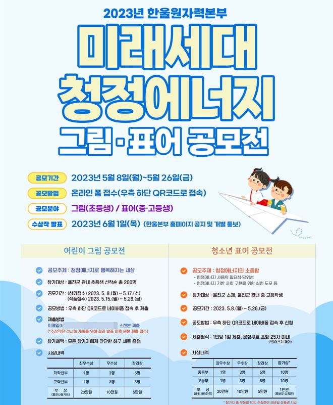 한수원 한울본부 미래세대 청정에너지 그림 표어 공모전 포스터.