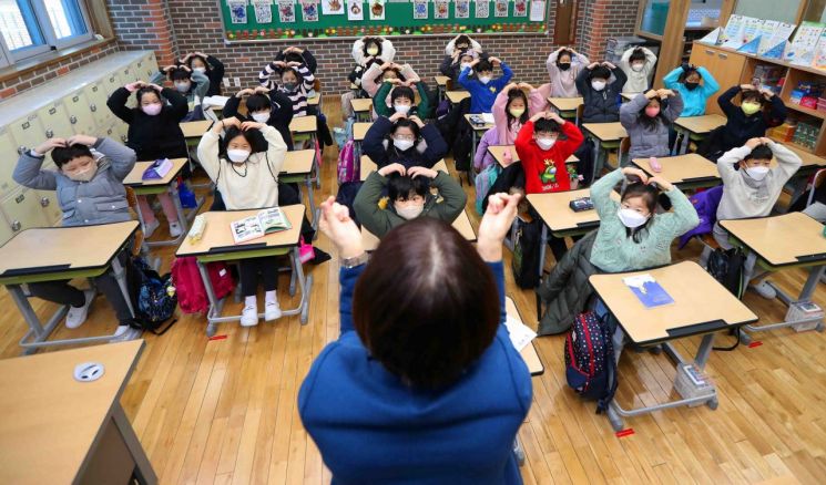 지난 1월 대구시 모 초등학교에서 2학년 학생들이 선생님과 개학 인사를 나누고 있다. [이미지출처=연합뉴스]