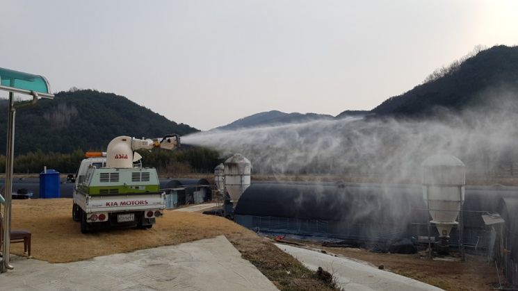 경남 합천군이 소 사육농장 주변 도로 및 취약 농가를 중점적으로 소독을 실시 하고 있다.