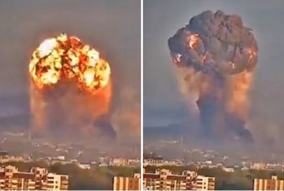 우크라이나 서부 한 도시 인근 탄약고에서 벌어진 폭발. [이미지출처=텔레그램]