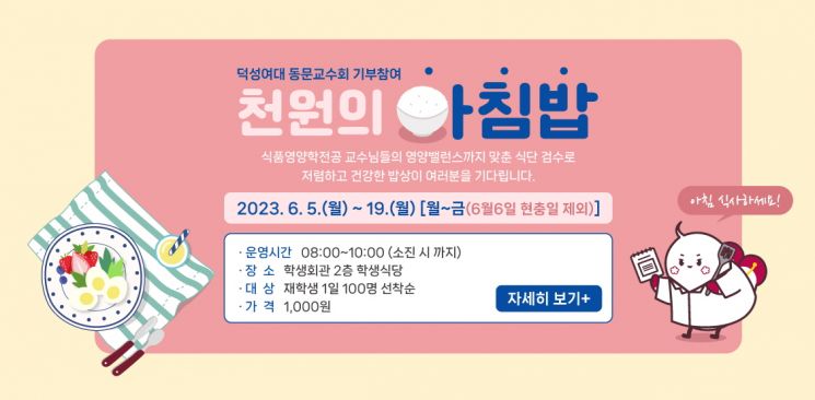 덕성여대, 동문교수회 기부참여 '천원의 아침밥' 시행