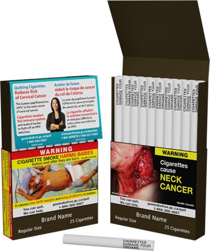 이에 캐나다에서는 흡연율을 낮추기 위해 담배 개비마다 경고 문구를 넣기로 결정했다. 개비 단위로 경고 문구를 붙이는 사례는 전 세계 최초다.  [사진출처=캐나다 보건부]