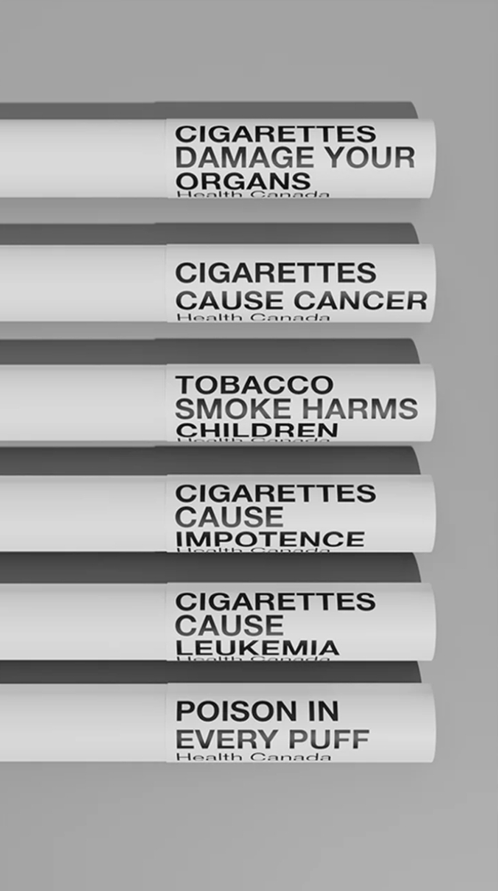 캐나다 보건당국은 "담배 연기는 어린이들에게 해롭습니다" "담배는 백혈병을 유발합니다" "한 모금마다 독이 들어있습니다" 등 경고 문구를 담배 개비마다 영어와 프랑스어로 표시하기로 했다. [사진출처=캐나다 보건부]