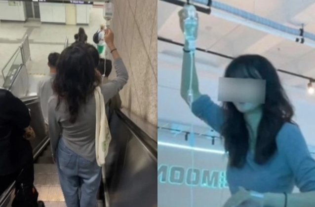 중국 상하이 한 지하철역에서 여성이 팔에 링거를 꽂은 채 퇴근하는 모습이 포착됐다. [이미지출처=더우인]