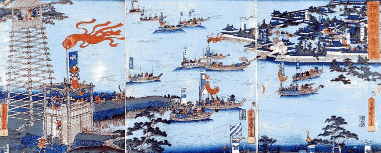 1582년, 일본 다카마쓰(高松)성 공방전을 그린 그림. 도요토미 히데요시의 수공작전으로 성이 수몰된 모습을 그렸다.[이미지출처=도쿄도립중앙도서관]