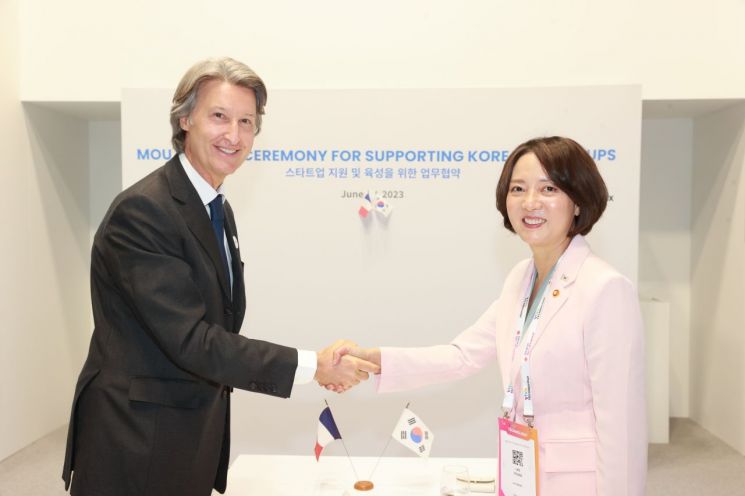 이영 중소벤처기업부 장관(오른쪽)은 15일(현지시간) 프랑스 파리 ‘비바테크놀로지 2023’에서 장 찰스 데코(Jean-Charles Decaux) 제이씨데코(JC Decaux) 대표이사 겸 이사회 의장과 악수를 하고 있다(사진제공=중기부)