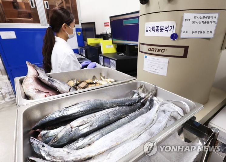 후쿠시마 원전 오염수 방류를 앞두고 15일 오후 경기도 수원시 권선구 경기도보건환경연구원에서 농수산물검사부 농수산물안전성검사팀 연구원들이 수산물 방사능 안전성 검사를 하고 있다. [사진 = 연합뉴스]