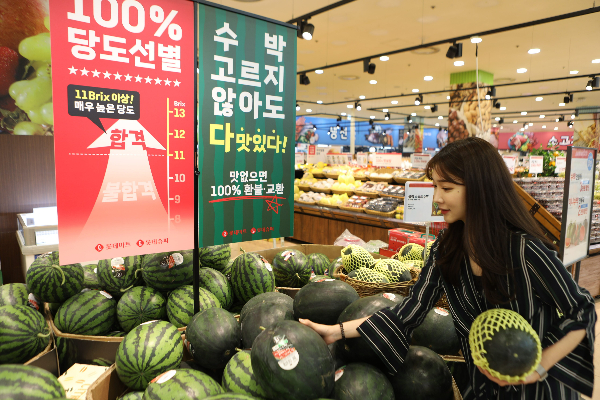 롯데마트에서 모델이 수박 상품을 소개하고 있다. [사진제공=롯데마트]