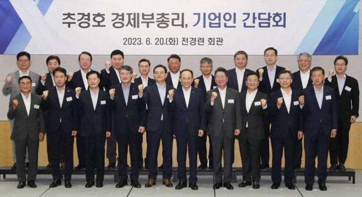 추경호 경제부총리(앞줄 왼쪽 여섯번째)를 비롯한 주요 기업인이 20일 전경련회관 컨퍼런스센터에서 열린 간담회에 참석해 기념사진을 촬영하고 있다. / [사진제공=전경련]