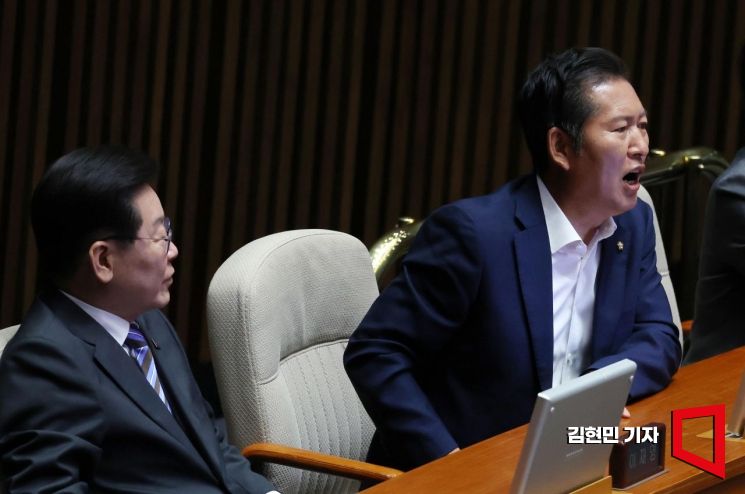 정청래 더불어민주당 최고위원이 20일 국회에서 열린 김기현 국민의힘 대표의 교섭단체 대표연설 중 소리치고 있다. 사진=김현민 기자 kimhyun81@