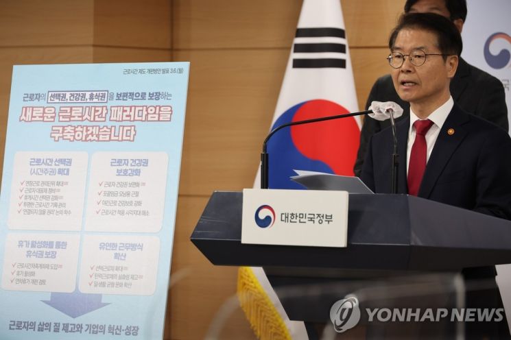 이정식 고용노동부 장관이 6일 정부서울청사 브리핑실에서 근로시간 제도 개편방안을 발표하고 있다. [이미지출처=연합뉴스]