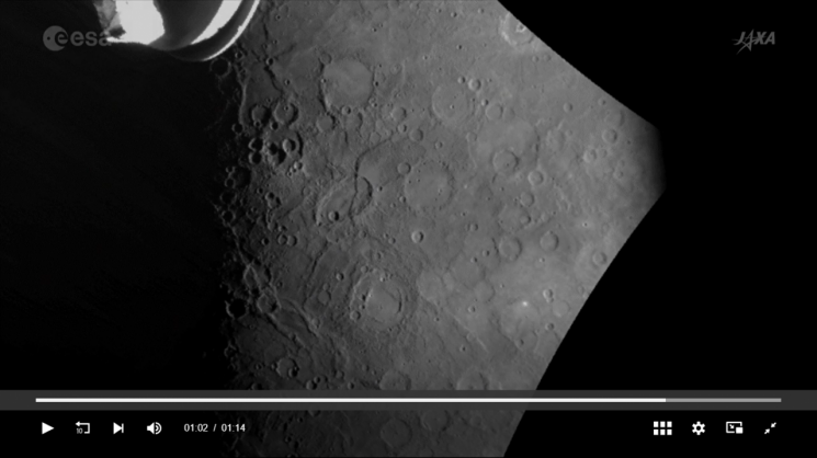 유럽우주청(ESA)-일본우주항공연구기구(JAXA)가 공동 발사한 수성 탐사선 베피콜롬보가 지난 19일 촬영한 수성 이미지. 사진출처=ESA