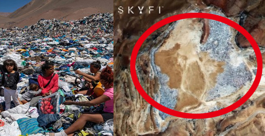 (왼쪽)아타카마 사막 주민들이 버려진 옷더미를 살펴보고 있다. [이미지출처=AFP연합뉴스]

(오른쪽)우주에서 바라본 칠레 아타카마 사막 확대한 모습 [이미지출처=스카이파이]