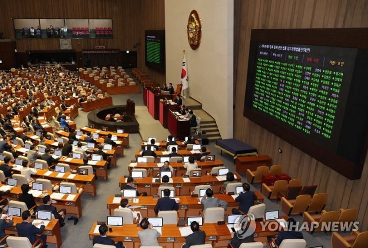 30일 국회 본회의에서 '출생통보제' 도입을 위한 '가족관계 등록 등에 관한 법률 개정안'을 의결하고 있다.