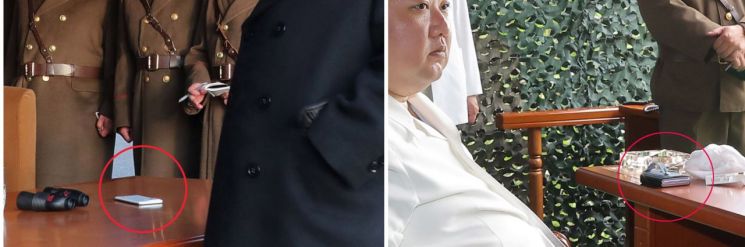 김정은 북한 국무위원장이 12일 신형 고체연료 대륙간탄도미사일(ICBM ) '화성-18형' 시험발사를 시찰한 현장에서 '폴더블 스마트폰'으로 추정되는 물체가 포착됐다(오른쪽 사진). 왼쪽 사진은 김 위원장이 지난 3월9일 서부전선의 중요작전임무를 담당하고있는 화성포병부대의 화력습격훈련을 현지지도한 현장에서 포착된 흰색 일체형 스마트폰. [이미지출처=연합뉴스]