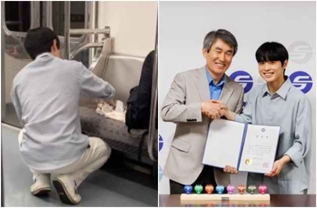 20대 남성 김모씨가 지난 7일 서울 지하철 6호선에서 다른 승객의 토사물을 치우는 모습. 오른쪽 사진은 13일 서울교통공사로부터 감사장을 받는 김씨. [이미지출처=인스타그램·서울교통공사]