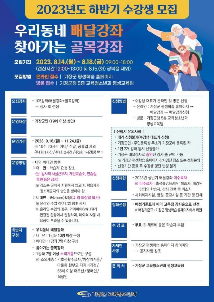 원하는 강의 배달갑니다 … 부산 기장군, 찾아가는 강좌 수강생 모집