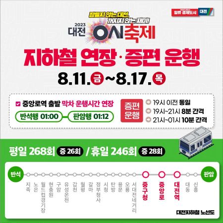 대전시, 내달 ‘대전 0시 축제’ 지하철 운행 확대