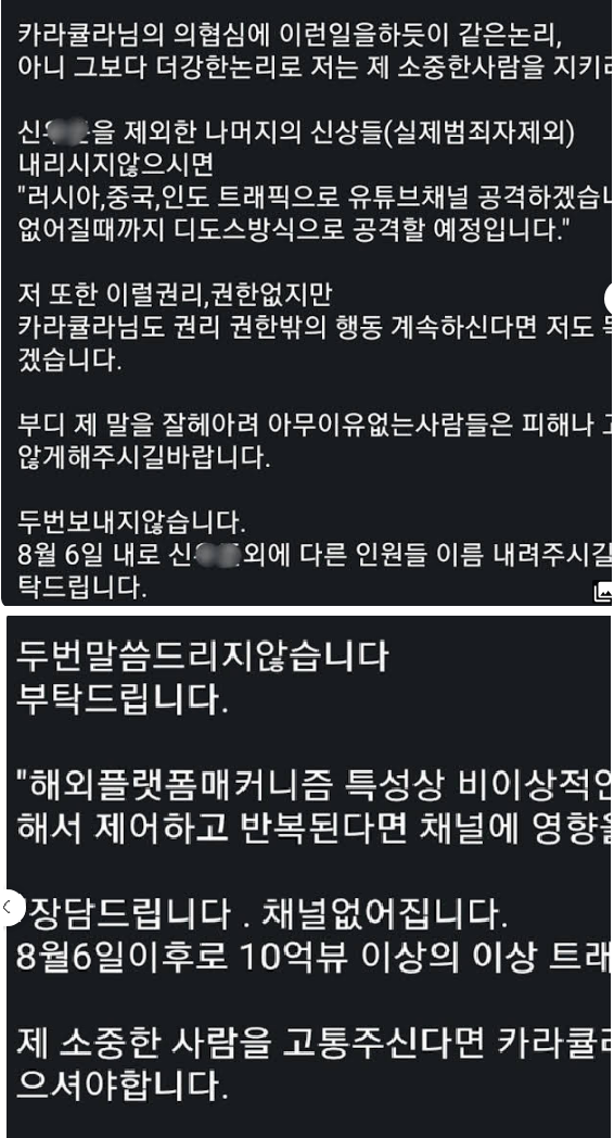 유터버 카라큘라는 가해자 지인으로부터 받은 메시지를 공개했다. [사진출처= 유튜브 '카라큘라 탐정사무소']