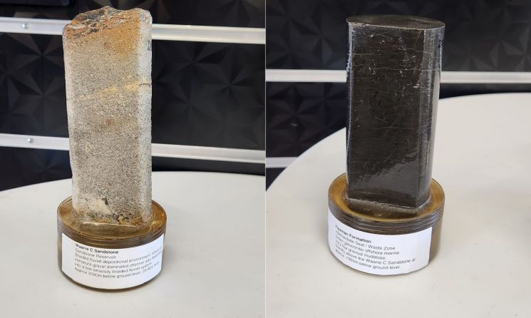 이산화탄소 저장 암석(왼쪽)과 덮개암 [사진=최서윤 기자]