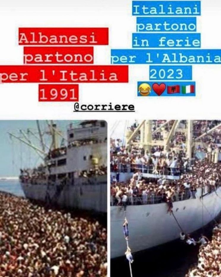 1991년 알바니아의 혼란을 피해 이탈리아로 떠나는 모습이라는 설명이 달린 사진(왼쪽)과 올해 이탈리아인들이 알바니아로 휴가를 오는 모습이라는 설명이 달린 사진(오른쪽). [사진 출처=에디 라마 알바니아 총리 인스타그램 캡처]