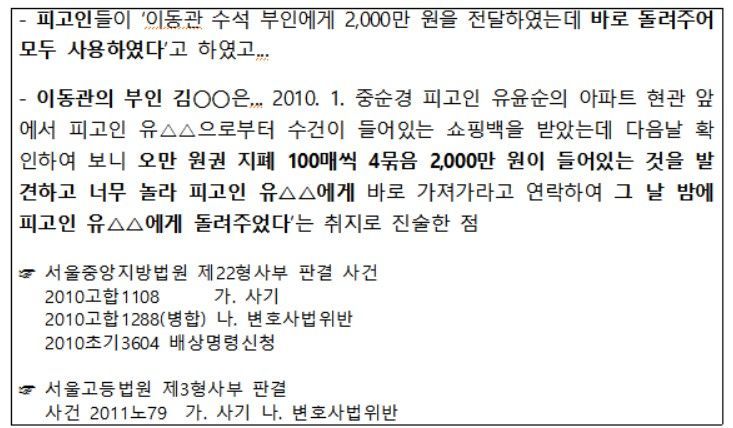 이동관 방송통신위원장 후보자가 공개한 인사청탁 당사자의 유죄 판결문 내용.