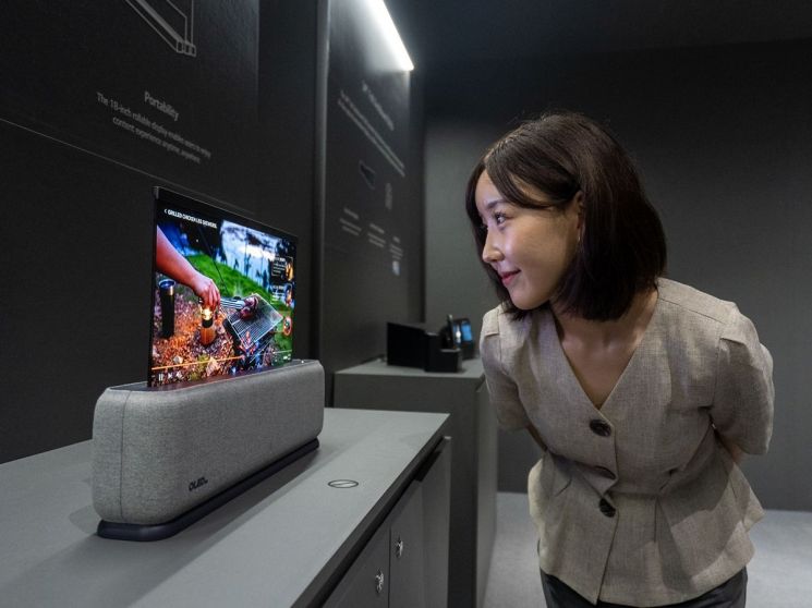 23일 부산 벡스코에서 열린 IMID 2023에서 관람객이 LG디스플레이 18인치 차 롤러블 OLED 패널을 살펴보는 모습.[사진제공=LG디스플레이]