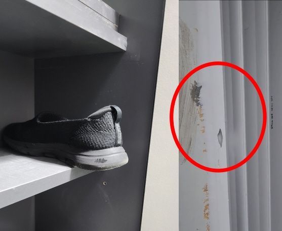 A씨는 "입주민이 만져서 새시가 깨졌다는데, 그 새시는 도대체 무엇으로 만들었다는 거냐"며 "240㎜ 사이즈도 안 들어가는 신발장은 누굴 위한 것이냐"고 했다. [사진출처=온라인 커뮤니티 '네이트판']