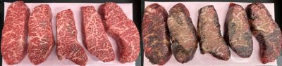 숙성 전 소고기(왼쪽)과 농촌진흥청이 개발한 '라디오파 활용 단기 숙성기술'을 적용한 소고기.