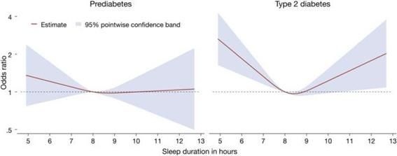 수면시간-당뇨 발병 확률 관계(오른쪽 그래프) [사진 제공=네덜란드 마스트리흐트 대학 연구팀]
